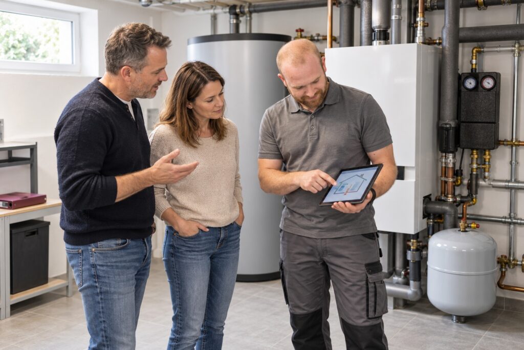 Verkaufen im Service: Techniker zeigt Kundschaft am Tablet eine Lösung im Heizungsraum – MODUL TRAINING