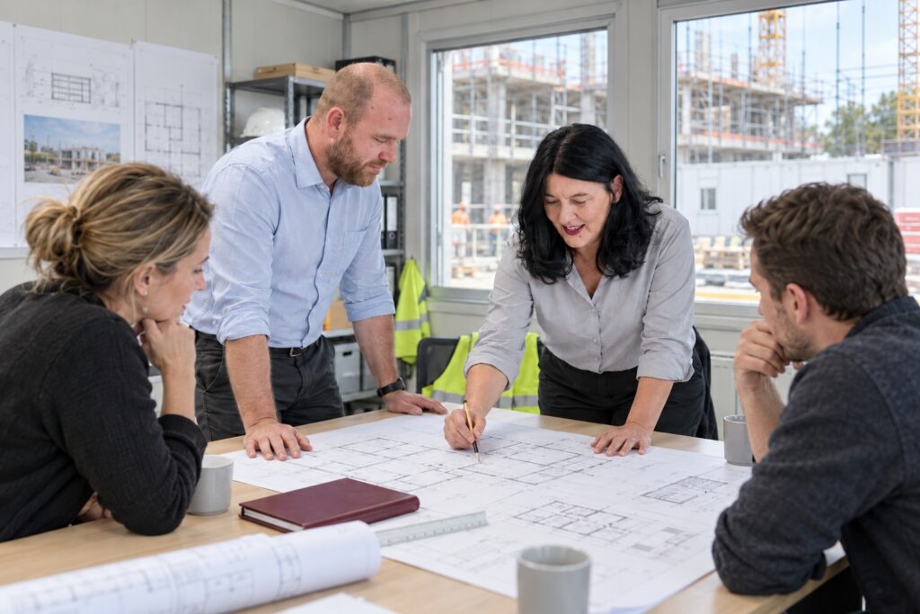 Vertrieb in Projekten: Team bespricht Baupläne und Nachträge am Projekttisch – MODUL TRAINING