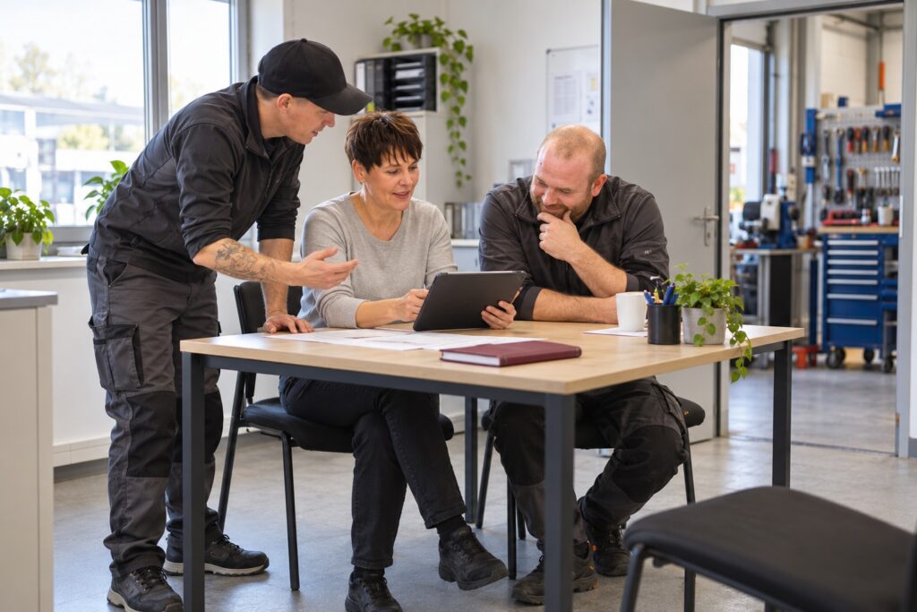 Zusammenarbeit im Serviceprozess: Servicetechniker und Innendienst stimmen sich am Tisch in der Werkstatt ab – MODUL TRAINING